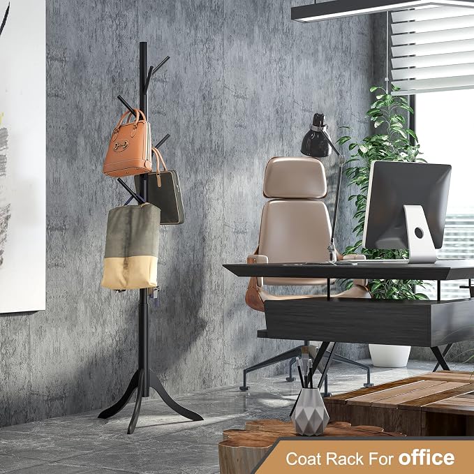 Coat Rack Freestanding, Coat Stands Entryway, Bamboo Coat Rack Hat Hanger 8 Hook for Jacket, Purse, Scarf Rack, Umbrella Tree Stand (Black) - Image 3