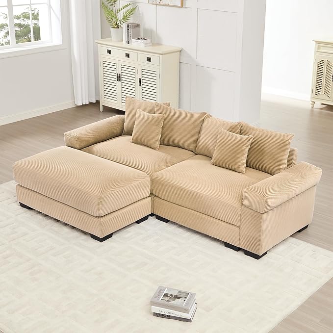 KEIKI 83" L-Shaped Oversized Corduroy Modular Sectional Loveseat Sofa with 1 Ottoman, High-Density Foam Cushion, Extra-Thick Armrest, 2-Seater Fluffy Corner Couch with 6 Pillow, for Living Room, Camel