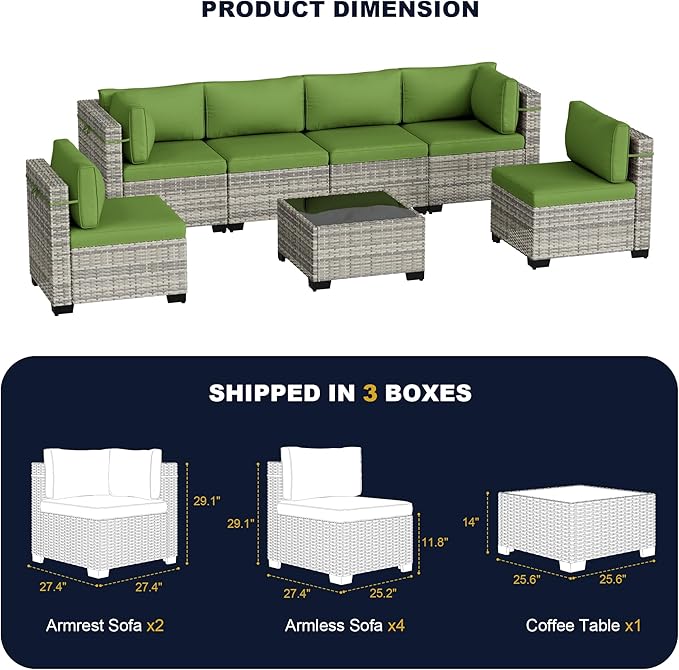 7-Piece Outdoor Patio Furniture Set, PE Wicker Rattan Sectional Sofa Conversation Set with Tempered Glass Table & Thick Cushions - All-Weather Garden, Backyard Furniture, Avocado Green