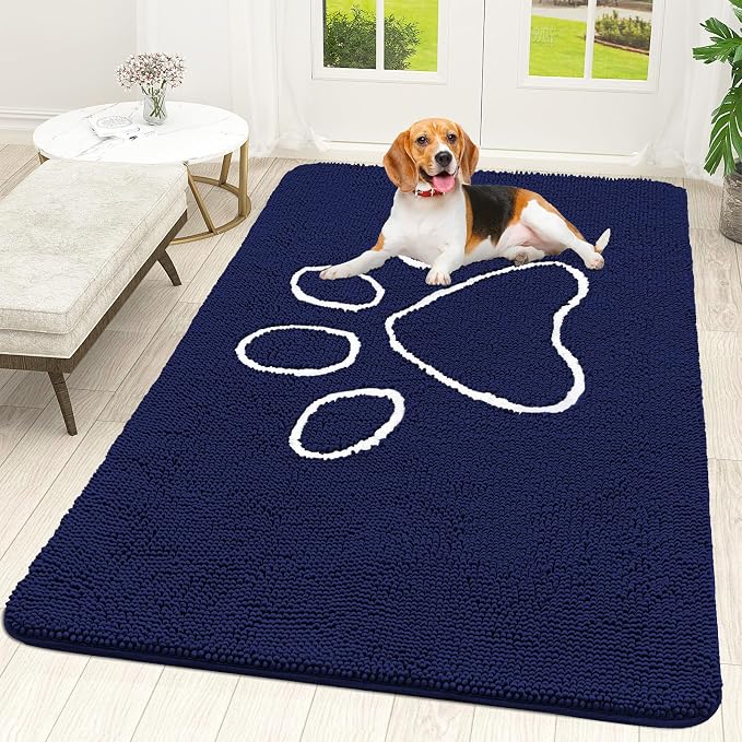 OLANLY Dog Door Mat for Muddy Paws 59x35, Paw Print Design, Absorbs Moisture and Dirt, Absorbent Non-Slip Washable Doormat, Quick Dry Chenille Mud Mat for Dogs, Entry Indoor Entryway Carpet, Navy Blue by OLANLY
