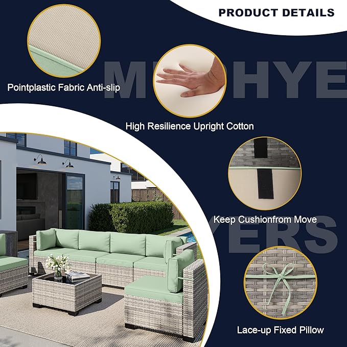 15-Piece Outdoor Patio Furniture Set with Rocking Swivel Chair, Wicker Rattan Sectional Sofa Conversation Set with Tempered Glass Table with Ottomans, Backyard Furniture, Light Green