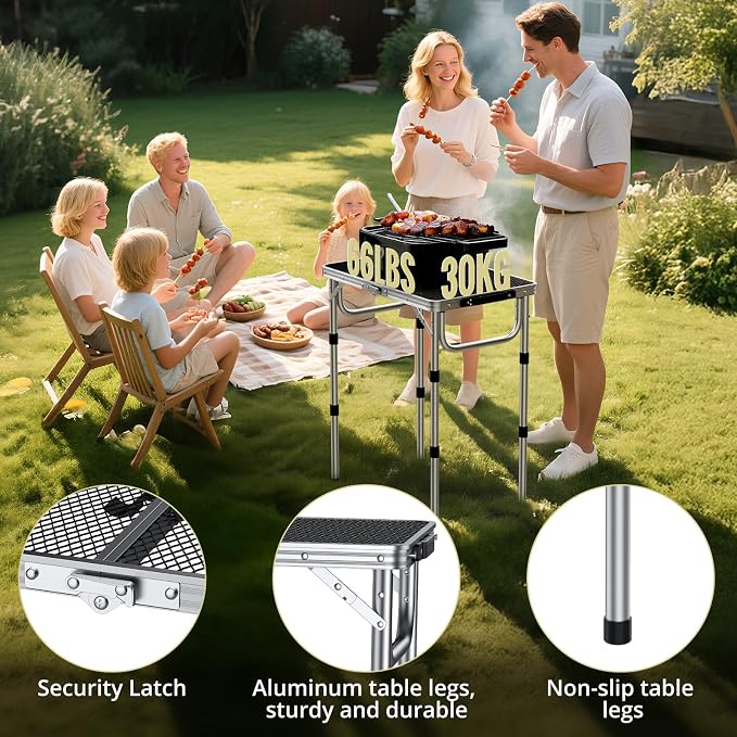 Anbte 2ft Folding Grill Table, Adjustable Height Max 27.5" Aluminum Camping Table, Heat-Resistant Tabletop, Lightweight, Portable Handle for Travel Cooking BBQ Picnic, 22.8" x 16", Silver - Image 5