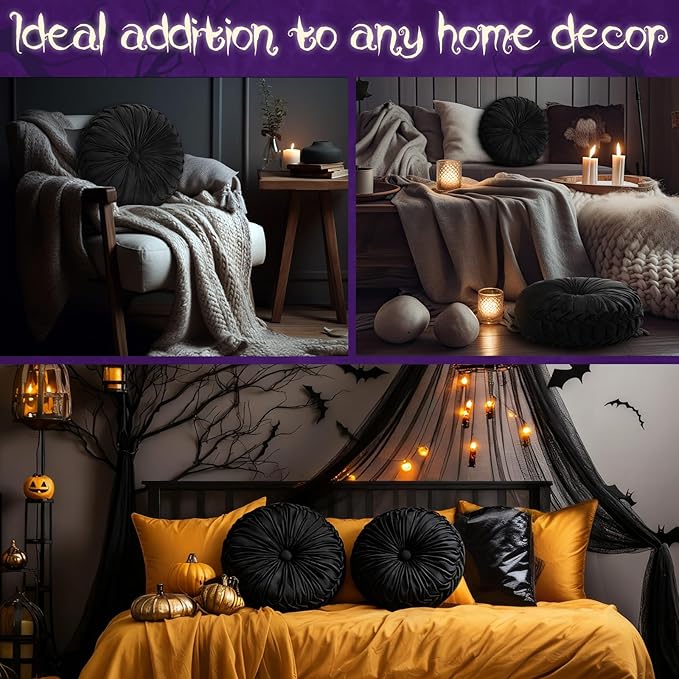 Beeveer 2 Pcs Round Throw Pillows 15 Inch Decorative Velvet Pleated Pumpkin Pillows Boho Floor Pillow with Center Button for Living Room Couch Chair Bed Sofa Home Decoration (Black)