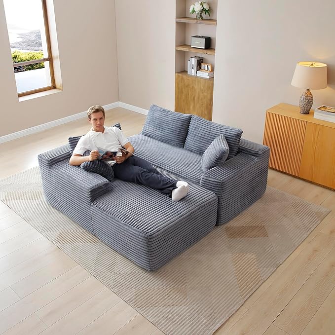 105-Inch L-Shaped Left Facing Corner Compressed Sofa Modular Sectional Boneless Cloud Sofa Floor Foam Couch with Chaise Lounge, Corduroy Corner Boneless Cloud Couch