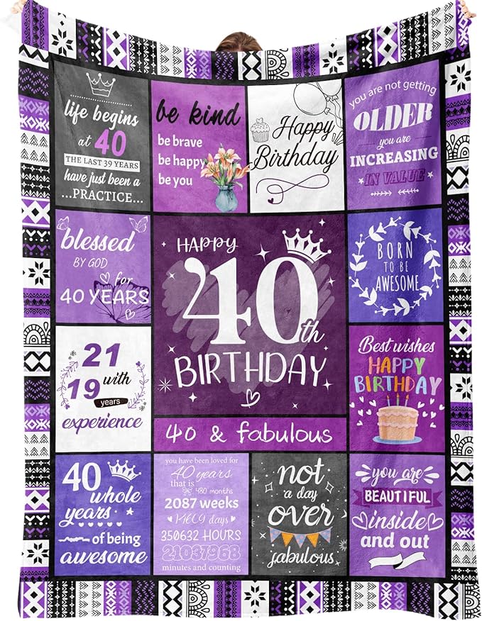 40th Birthday Gifts for Women, 40th Birthday Decorations for Women, 40 Year Old Gift for Woman, Turning 40-40 Year Old Bday Blanket 60"X50"