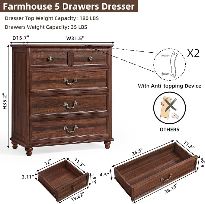 Joaxswe Farmhouse 5 Drawer Dresser Set of 2 for Bedroom, 35" Tall Rustic Chests of Drawers w/ 4 Solid Wood Feet, Mid Century Vintage Wooden Closet Storage Dressers Organizer for Living Room,Brown - Image 2
