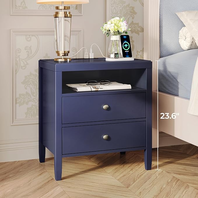 Huuger Blue Nightstand Set of 2, Night Stand with Charger Station, Bedside Table with 2 Drawers, Bed Side Tables for Bedroom, Modern Nightstands, Metal Knobs, Painted Surface - Image 4