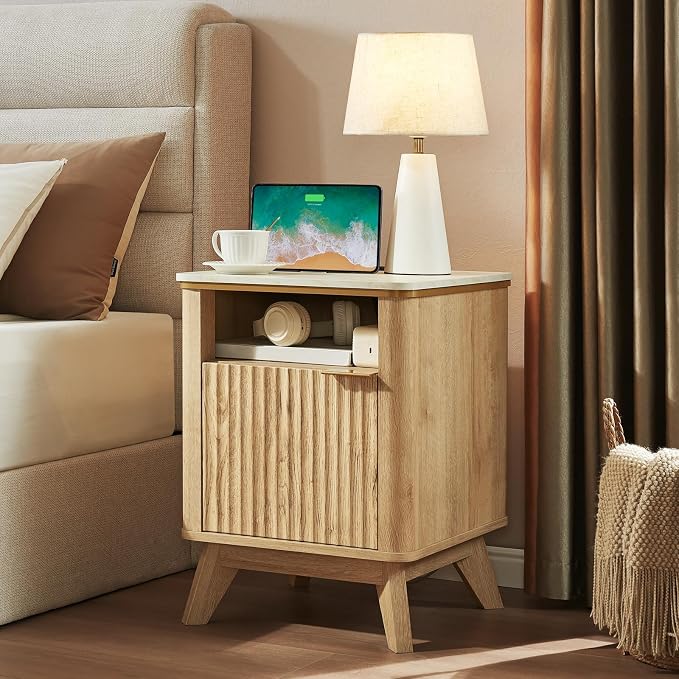 QUW Fluted Nightstands Set of 2 with Charging Station, 18" Modern Side Table, Wooden Bedside Table with Faux Marble Top, Open Storage, Cabinet, End Table for Bedroom, Living Room, Natural Oak - Image 2
