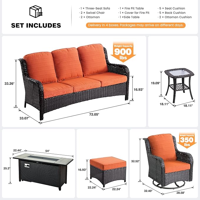 ovios 7-Piece Patio Furniture Set with Swivel Chairs Coffee Table, Outdoor Wicker Sofa with 54" Fire Pit Table, High Back Couch Modern Conversation Sets, Brown/Orange Red