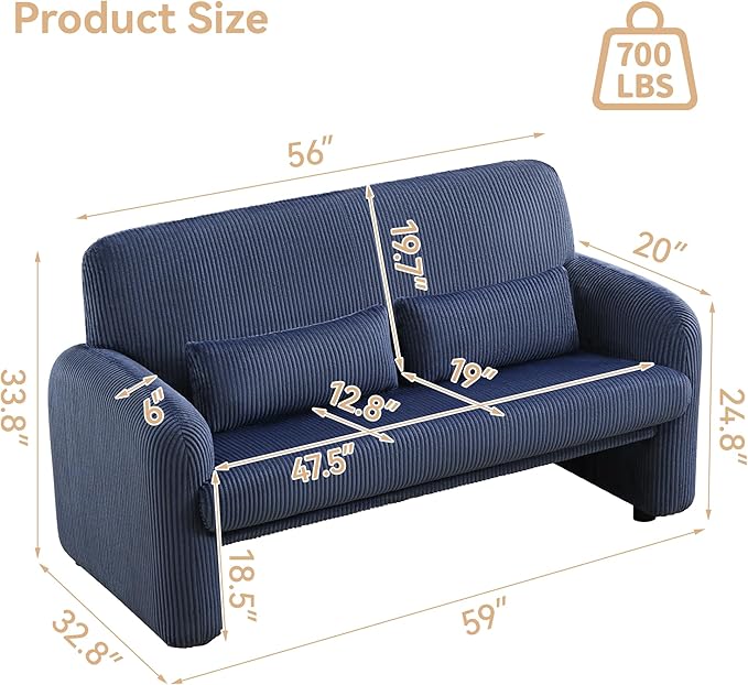 WUTUTUEE 56'' Corduroy Loveseat Sofa, 2 Seater Love Seat Couch for Small Space, Comfy Upholstered Modern Leisure Loveseat Couches with Lumbar Pillows for Bedroom, Office, Living Room, Blue