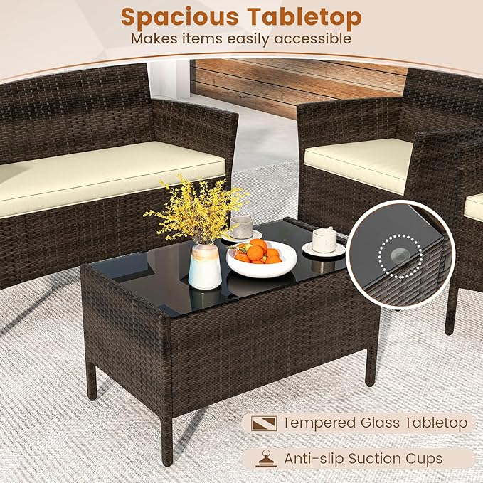 DORTALA Wicker Patio Furniture Set 4 Piece, Outdoor PE Rattan Table & Chairs Set with Tempered Glass Coffee Table, Loveseat, Cushions, Conversation Set for Balcony, Porch, Backyard, Deck, Beige