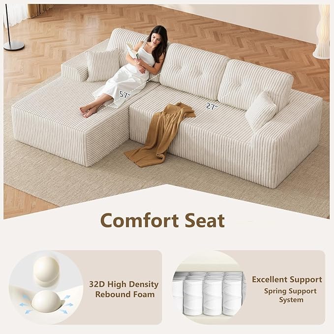 Ball & Cast 106''Cloud Couch Sectional with L-Shaped Chaise,Corduroy Upholstered Modular Sectional Sofa,Deep Seat Sectional Couches for Living Room,No Assembly Required (Beige,Left Facing Chaise)