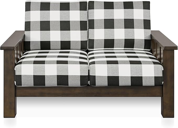 Furniture of America Gavik Modern Solid Wood Loveseat with Plaid Removable Cushions, Black and White Upholstery Fabric, Wooden Comfortable Couch, Upholstered Seating for Living Room, Dark Walnut