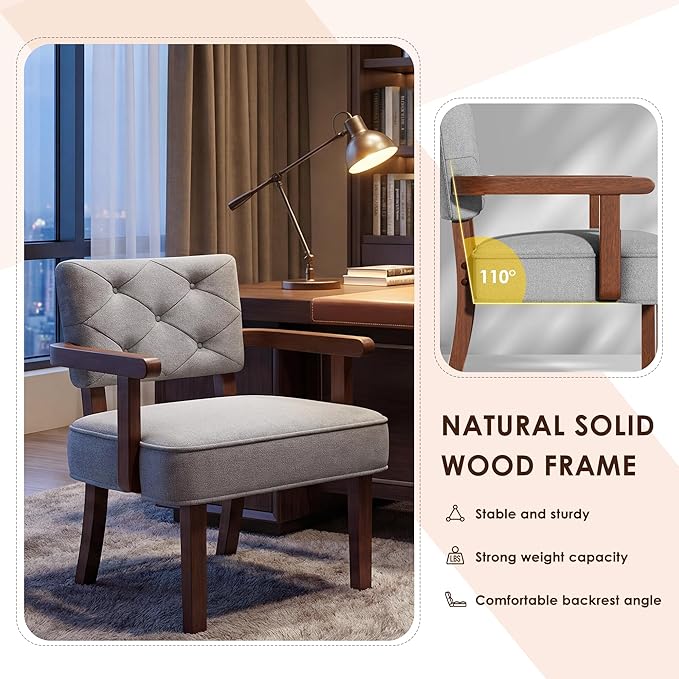 Versatile Side Arm Chair, Small Modern Accent Chair, Upholstered Wooden Armchair, Corner Chair with Arm Rest,Tufted Backrest, Cushion, for Office,Waiting/Reading/Living Room, Grey