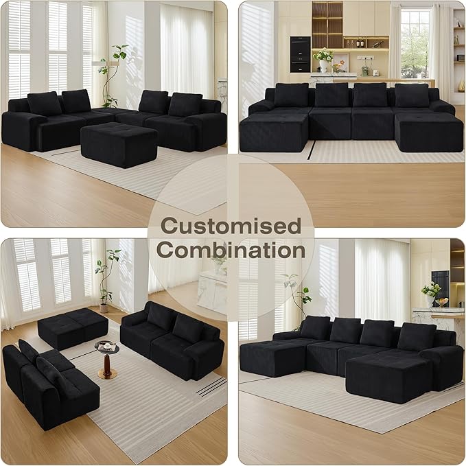 Modular Sectional Sofa, 6 Seat Modular Couch, Modular Sofa with Deep Seat and Detachable Pillow (Black, 6 Pieces-U Shape)