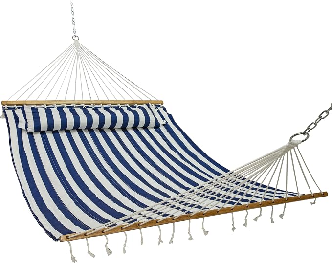 Sunnydaze Quilted Double Hammock for Outside with Spreader Bars and Pillow - 450 lb Capacity, 74x55 Inch Bed, UV Resistant, Quick Dry - Chains Included, Stand Sold Separately - Blue & White Stripe by SunnydazeDecor