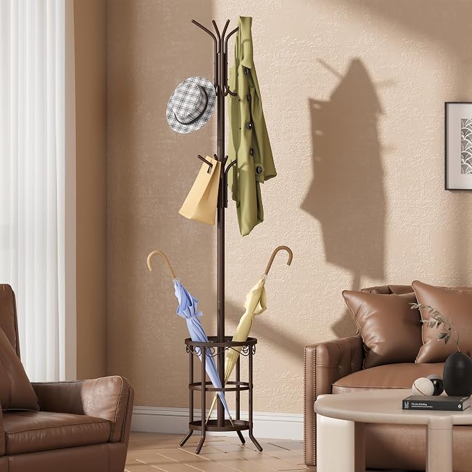GHWIE Coat Rack Freestanding, Coat Tree with Umbrella Holder, Metal Coat Rack Stand with 12 Hooks, Standing Coat Hanger Stand, Umbrella Stand for Entryway, Hat Rack Stand for Home Office, Brown - Image 2