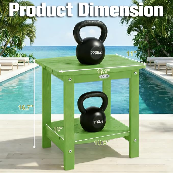 Y&M Outdoor Side Table, HIPS Adirondack Small Double Layer Table, Waterproof Square Outside Table, Balcony End Tables for Patio, Pool, Porch, Deck, Indoor or Outdoor Use, Lime - Image 3