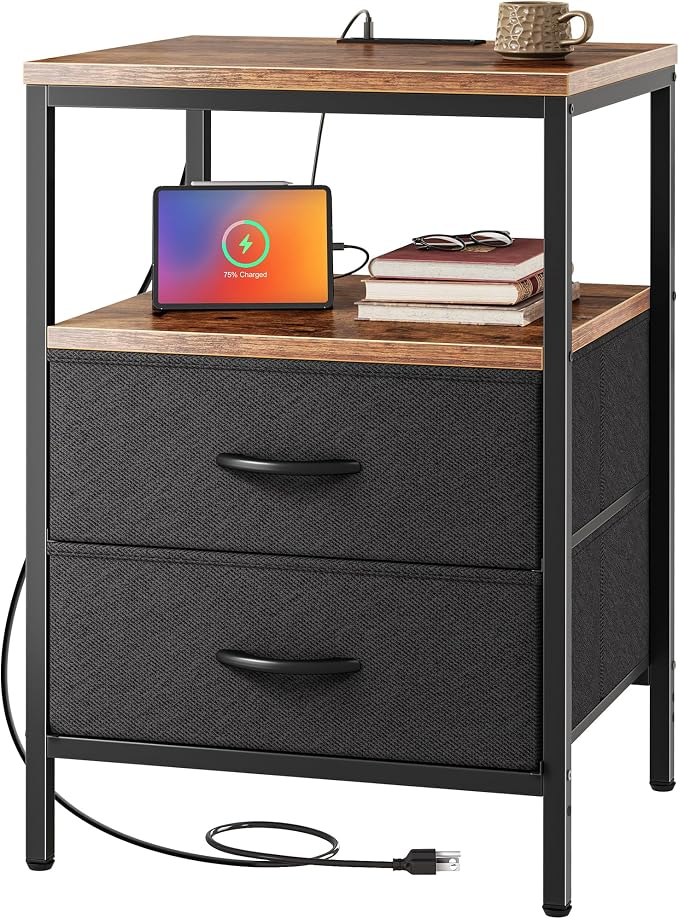 Huuger Night Stand with Charger Station, 27.7 Inch Tall Nightstand, Bed Side Table with 2 Fabric Drawers, Fabric Drawer Dresser for Bedroom, Living Room, Rustic Brown and Black - Image 9