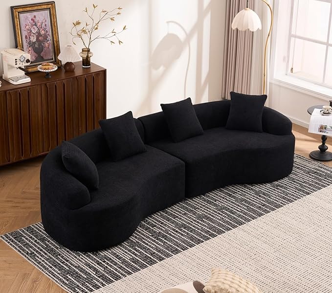 KEIKI Curved Chenille Modular Sectional Couches with Pillows, 4 Seater Oversized Upholstered Luxury Plush Cloud Sofa for Living Room Apartment, Full Compression Sponge,