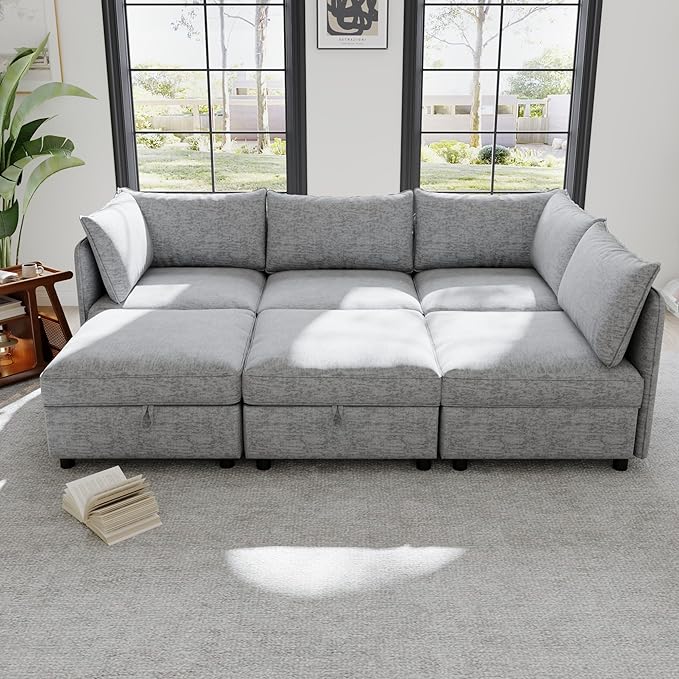 Oversized Modular Storage Sectional Sofa Customizable Seating Group Sofa&Couch Convertible Sleeper Sofabed with Movable Ottomans and Seat, U-Shaped Chenille Upholstered Sofa Couch for Living Room