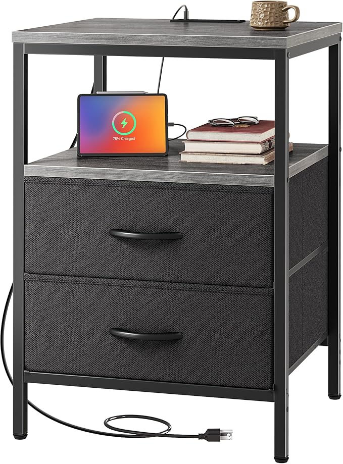 Huuger Night Stand with Charger Station, 27.7 Inch Tall Nightstand, Bed Side Table with 2 Fabric Drawers, Fabric Drawer Dresser for Bedroom, Living Room, Grey by Huuger