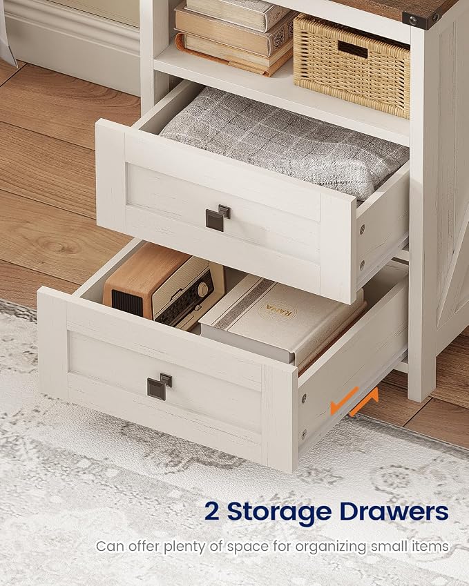 Farmhouse Tall Nightstand with Charging Station and Bookshelf,Led Wood Night Stand with 2 Drawers, Bedside End Side Table with 6 Hooks and Storage Shelves for Bedroom, Antique White - Image 5
