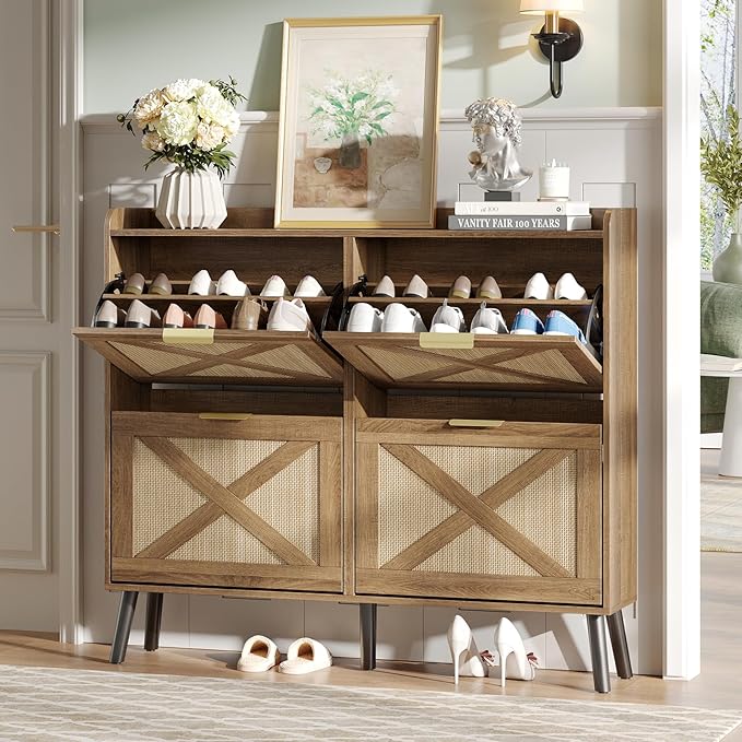 Maupvit Large Shoe Storage Cabinet with 4 Flip Drawers, Narrow Shoe Cabinet for Entryway with Wooden Legs, Freestanding Hidden Shoe Rack Organizer ＆ Metal Hinges, Rustic Oak Rattan by MaupvitFurniture