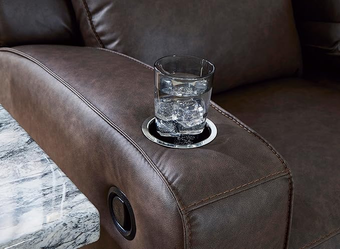 Signature Design by Ashley Lavenhorne Modern Faux Leather Manual Reclining Loveseat with Console and Cup Holders, Dark Brown