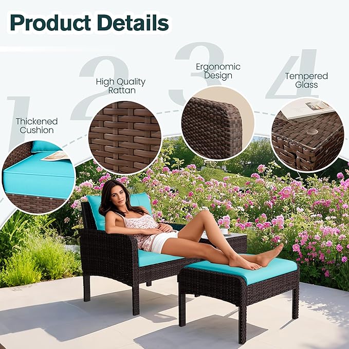 U-MAX Outdoor 5 Pieces Patio Furniture Set, PE Rattan Wicker Chairs with Ottoman and Table, Bistro Set for Front Porch, Garden, Backyard, Balcony, Brown/Blue