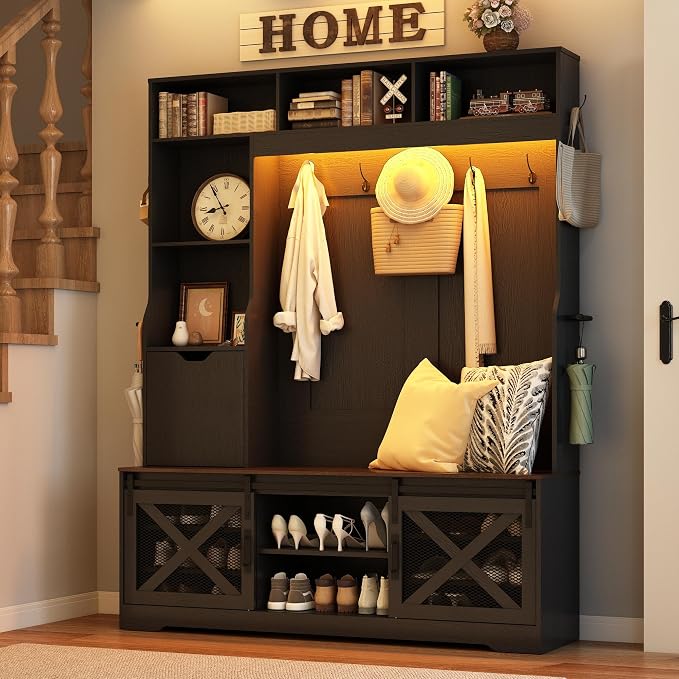 75''H LED Farmhouse Hall Tree with Bench and Shoe Storage,Entryway Bench with Coat Rack,16 Shoe Cubbies & Umbrella Holder and Sock Storage Drawer,Mudroom/Hallway Storages Cabinet(black) - Image 2