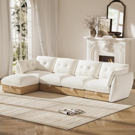 126" L Shaped Cloud Couch Sectional Modular Sofa with Storage, Cotton and Linen Fabrics Modern Oversized Deep Seat Sofa with Armrest Pillow, Easy Assembly for Living Room, Apartment, Ivory