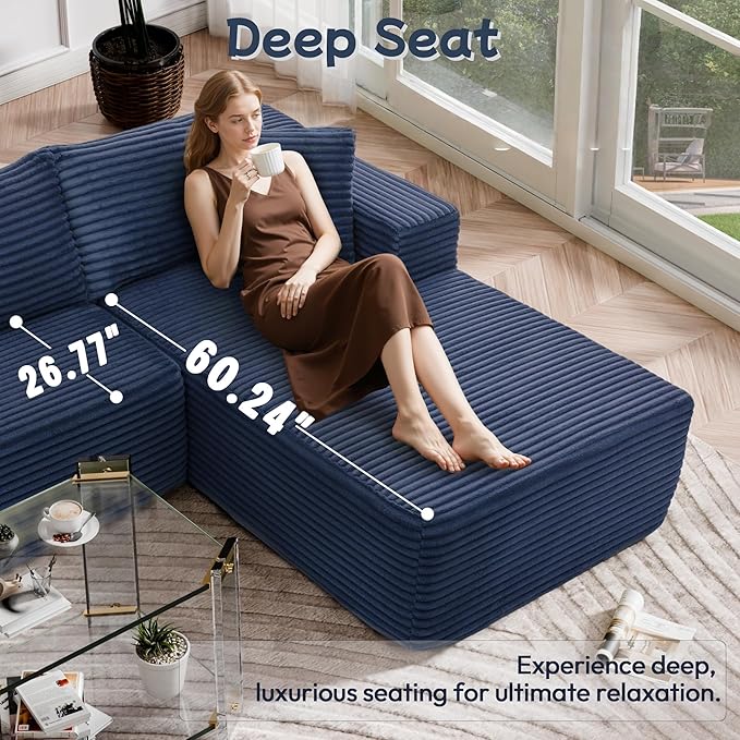 Cloud Sectional Couch, 105” Fluffy Modular L-Shape Sofa with Left Chaise Lounge, Modular Sectional Sofa in a Box, Boneless Couch for Living Room, No Assembly Required, Flannel Blue