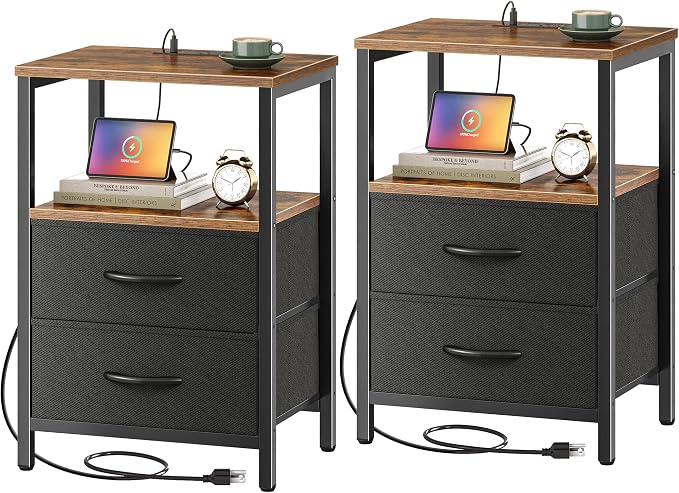 Huuger Nightstands Set of 2, End Tables with Charging Station, Side Tables with Fabric Drawers, Bedside Tables with USB Ports and Outlets, Night Stands for Bedroom, Rustic Brown and Black by Huuger