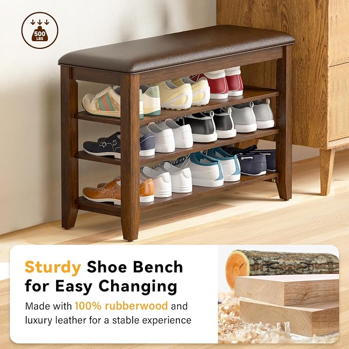 Shoe Rack Bench Entryway Storage with Leather Cushion, Shoe Organizer Bench for Entryway, Ideal for Front Doors Entrances Hallway Mudroom Featuring Rubberwood And 3 Height-Adjustable Removable Shelve - Image 4