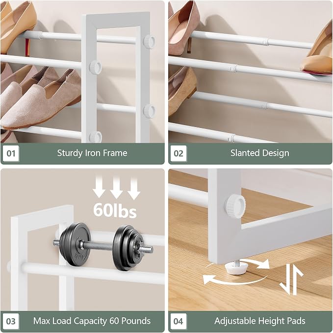 FAVOOSTY 3-Tier Expandable Shoe Rack, Adjustable Shoe Shelf Storage Organizer Space Saving Metal Free Standing Shoe Rack for Entryway Closet Doorway, Silver Grey (White, 5 Tier) - Image 5