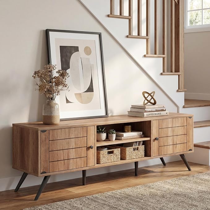 Giantex TV Stand for 65 Inch TV, Mid-Century Modern Entertainment Center w/2 Storage Cabinets, Cable Hole & Open Shelves, Wooden Media TV Console Table for Living Room, Bedroom (59" x 15.5" x 17.5") - Image 2