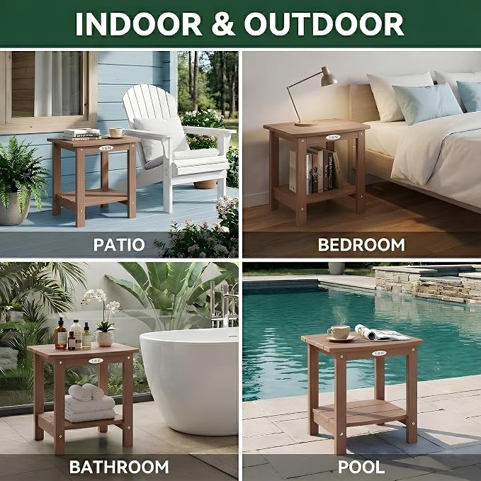 Y&M Outdoor Side Table, HIPS Adirondack Small Double Layer Table, Waterproof Square Outside Table, Balcony Modern End Tables for Patio, Pool, Beach, Porch, Deck, Indoor or Outdoor Use, Brown - Image 6