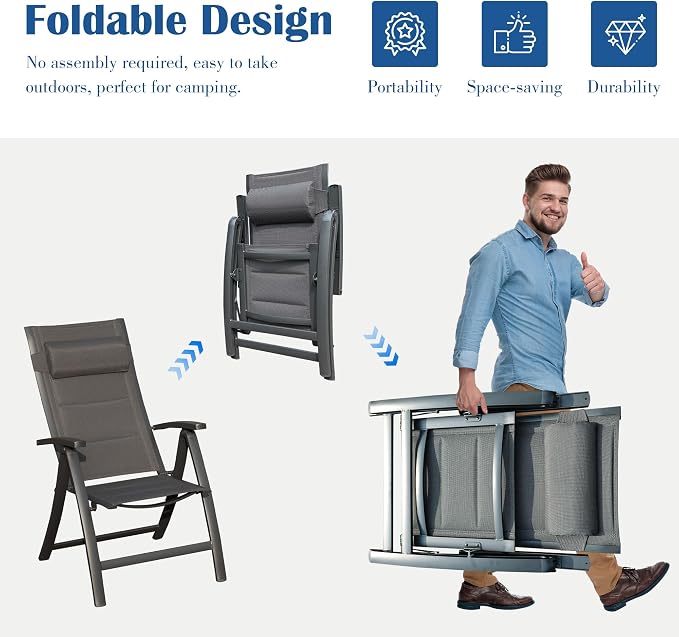 Domi Patio Folding Chairs Set of 2, Outdoor Reclining Chairs Set with Moveable Headrest, Aluminum Frame Outdoor Portable Chairs with Adjustable High Backrest and Padded Textilene Fabric Seat - Image 8