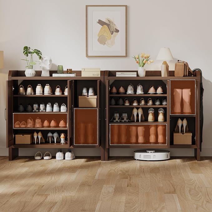 Mericonia Rattan Shoe Storage Cabinet, Farmhouse Shoe Cabinets Storage for Entryway, Boho Wooden Shoe Rack with 3 Doors for Entryway, Hallway (Walnut, 3 Door) - Image 4