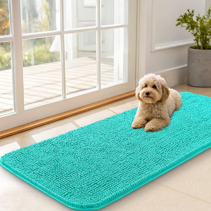 OLANLY Dog Door Mat for Muddy Paws 47x20, Absorbs Moisture and Dirt, Absorbent Non-Slip Washable Doormat, Quick Dry Chenille Mud Mat for Dogs, Entry Indoor Entryway Carpet for Inside Floor, Teal by OLANLY