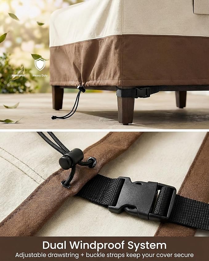 Waterproof Patio Ottoman Cover, Square Outdoor Side Table Furniture Cover with Padded Handles, 600D Heavy Duty Windproof All-Weather Patio Furniture Cover,UV Resistant, 22 x 22 x 18 Inch, Beige&Brown - Image 7