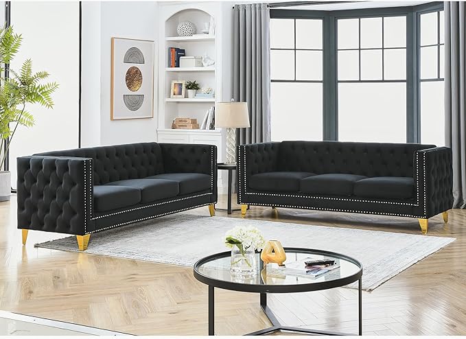 KEIKI Tufted Velvet 3+3 Seat Sofa Couch for Living Room, Buttons Tufted Square Arm Couch for Home Apartment, Black