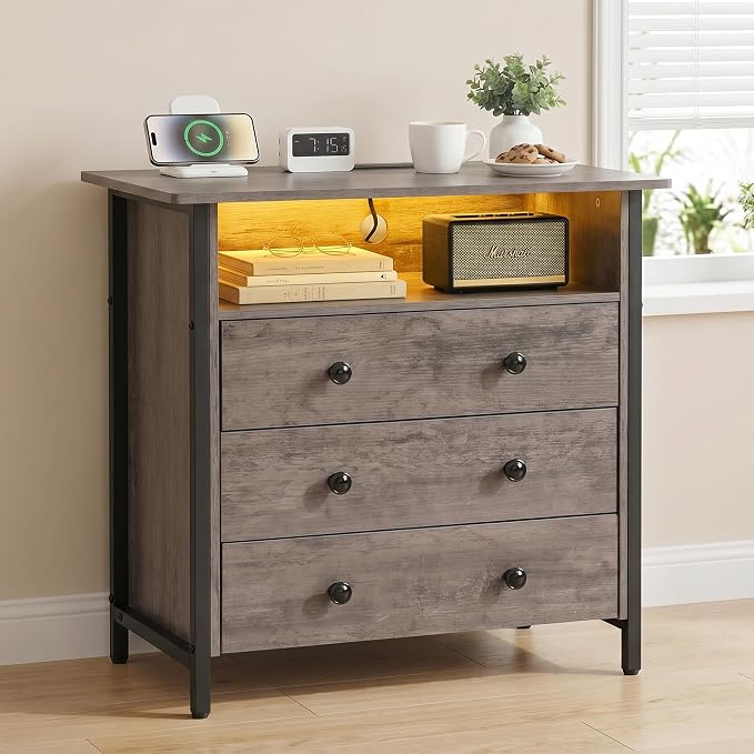 27 Inch Wide Nightstand with Charging Station, Large Nightstand with 3 Wood Drawers & LED Lights, Big Bedside Table with Open Shelf for Bedroom, Guest Room, Office, Gray. by Tykacna