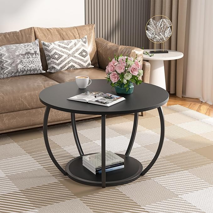 GreenForest Round Coffee Table with 2-Tier Open Storage, 27.6 inch Small Circle Coffee Tables with Adjustable Feet, Modern Mini Center Table for Small Living Room, Black