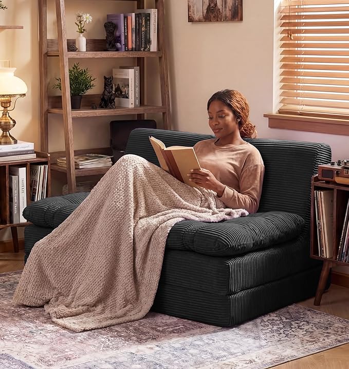 Hobestluk Sofa Couch Folding Sofa Bed Sleeper Comfy Floor Lounger Loveseat Sofa with Removable Cushion Couches Foldable Mattress for Living Room Bedroom or Office (Cordury Black, Oversize)