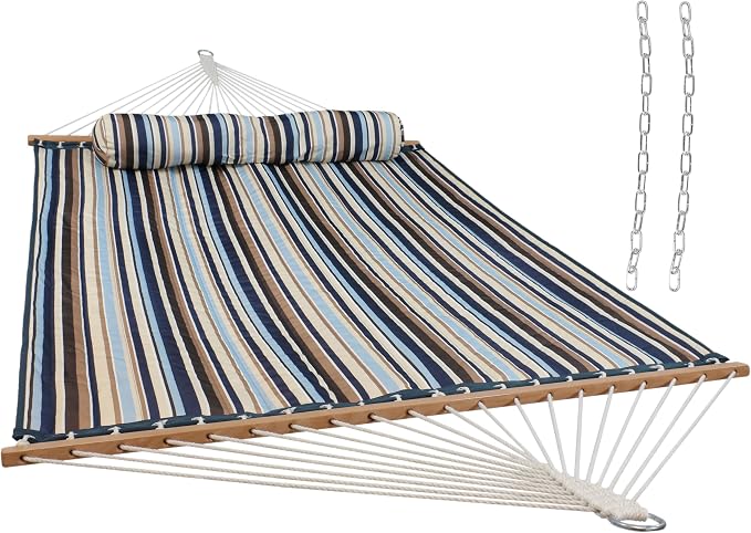 Sunnydaze Quilted Double Hammock for Outside with Spreader Bars and Pillow - 450 lb Capacity, 74x55 Inch Bed, UV Resistant, Quick Dry - Chains Included, Stand Sold Separately - Ocean Isle by SunnydazeDecor