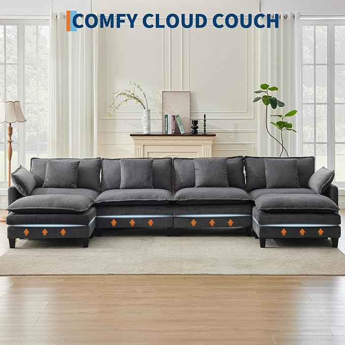 GarveeHome 147" U Modular Sectional Sofa, Corduroy Cloud Couch with Movable Ottoman & Throw Pillows, Modern L/U-Shaped Sofa, Comfy Deep Seat Couch for Living Rooms, Offices, Bedroom and Apartment