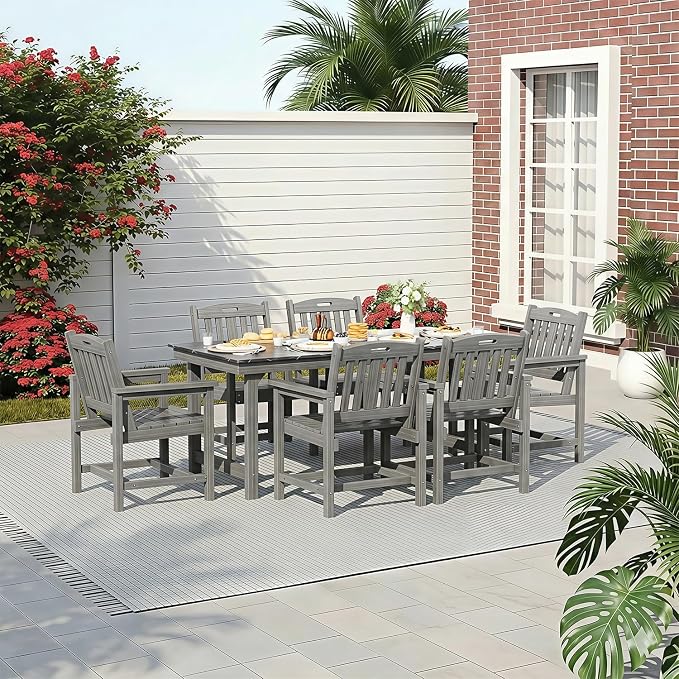 Mdeam 7-Piece HIPS Outdoor Dining Set, 66.9" Marble Texture Patio Table with Umbrella Hole, 440LBS Capacity, 6 Wider Chairs, Dining Table Set for 6, Outdoor Furniture with Galvanized Steel Frame, Grey - Image 8