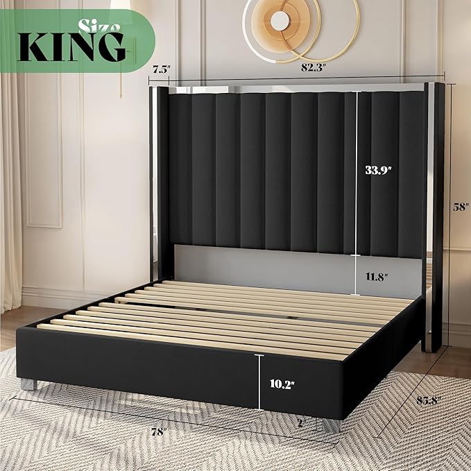 AMERLIFE 5-Piece Modern Bedroom Sets with King Size Upholstered Platform Bed Frame, 58" Wingback Headboard, Spacious 6-Drawer Dresser, Tall Chest, and 2 Coordinated Nightstands, Black and White
